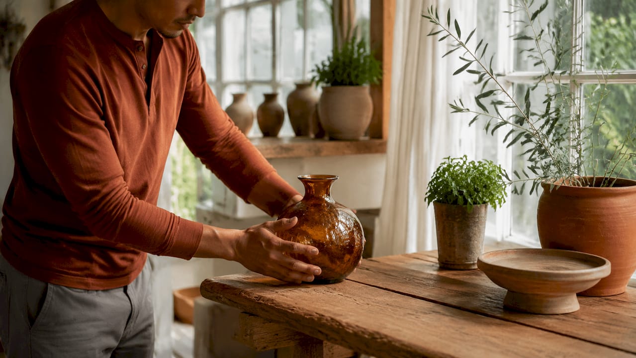 Hands placing vintage bowl on wooden table