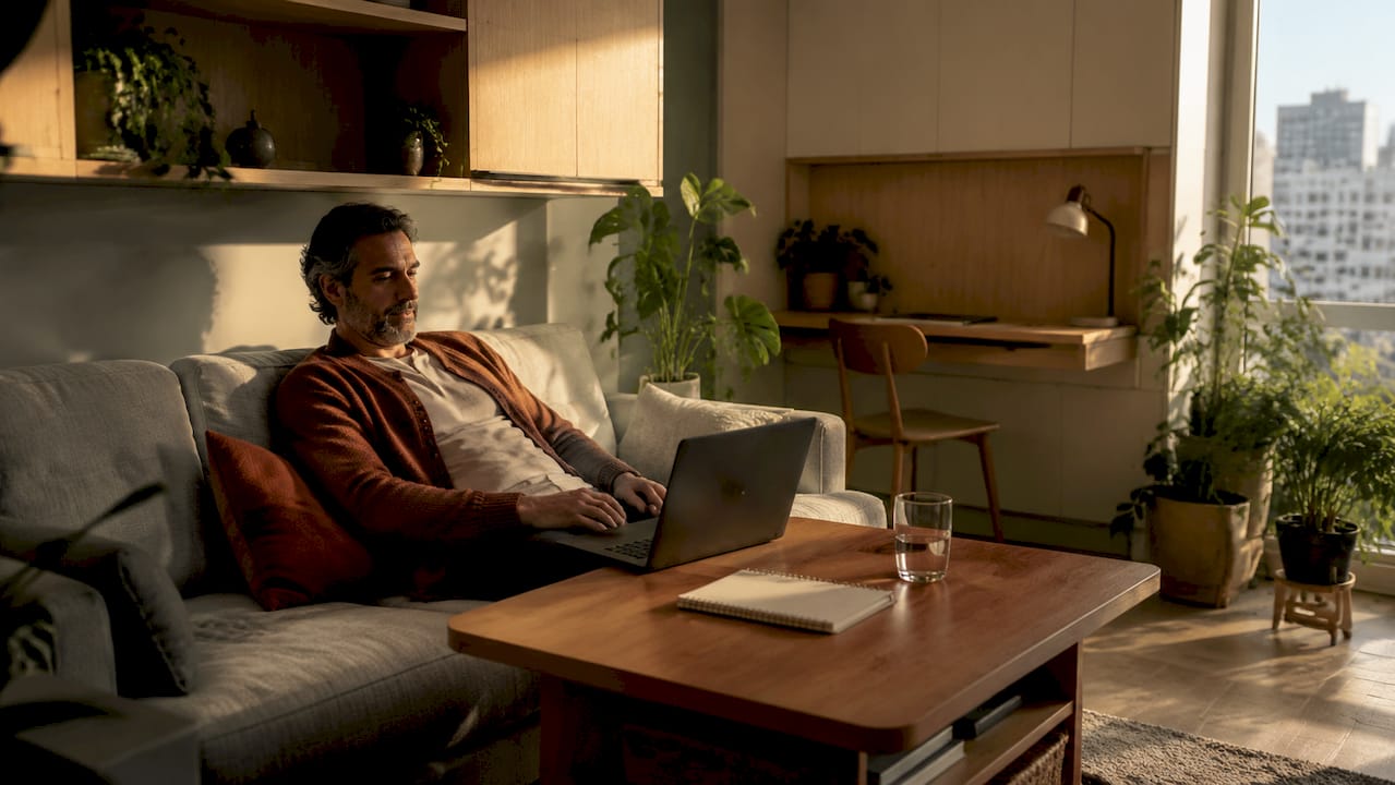 Man using multifunctional furniture in small apartment