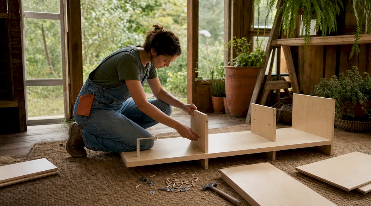 Hands assembling modular wooden furniture