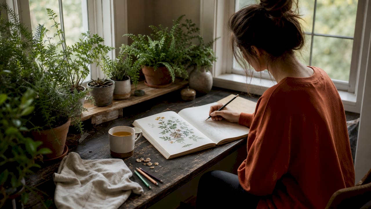 Top view of desk with plants and water fountain