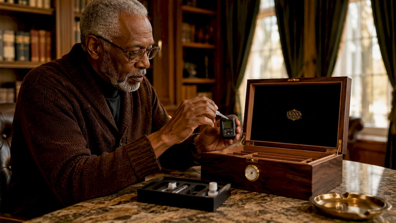 Hands calibrating digital hygrometer inside humidor