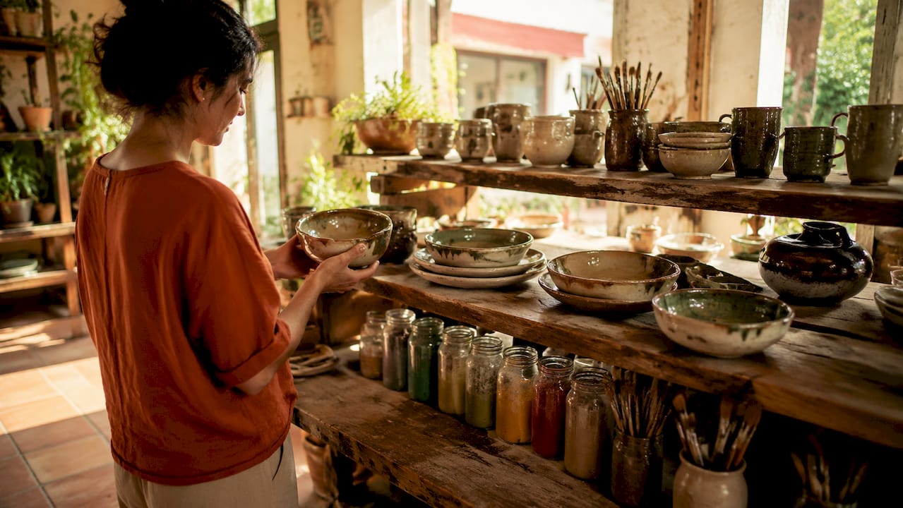 Close-up hand-thrown ceramic bowl with uneven glaze