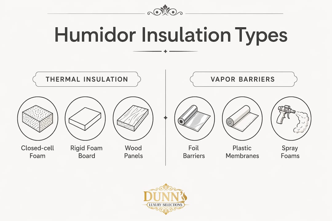 Infographic comparing humidor insulation types and vapor barriers