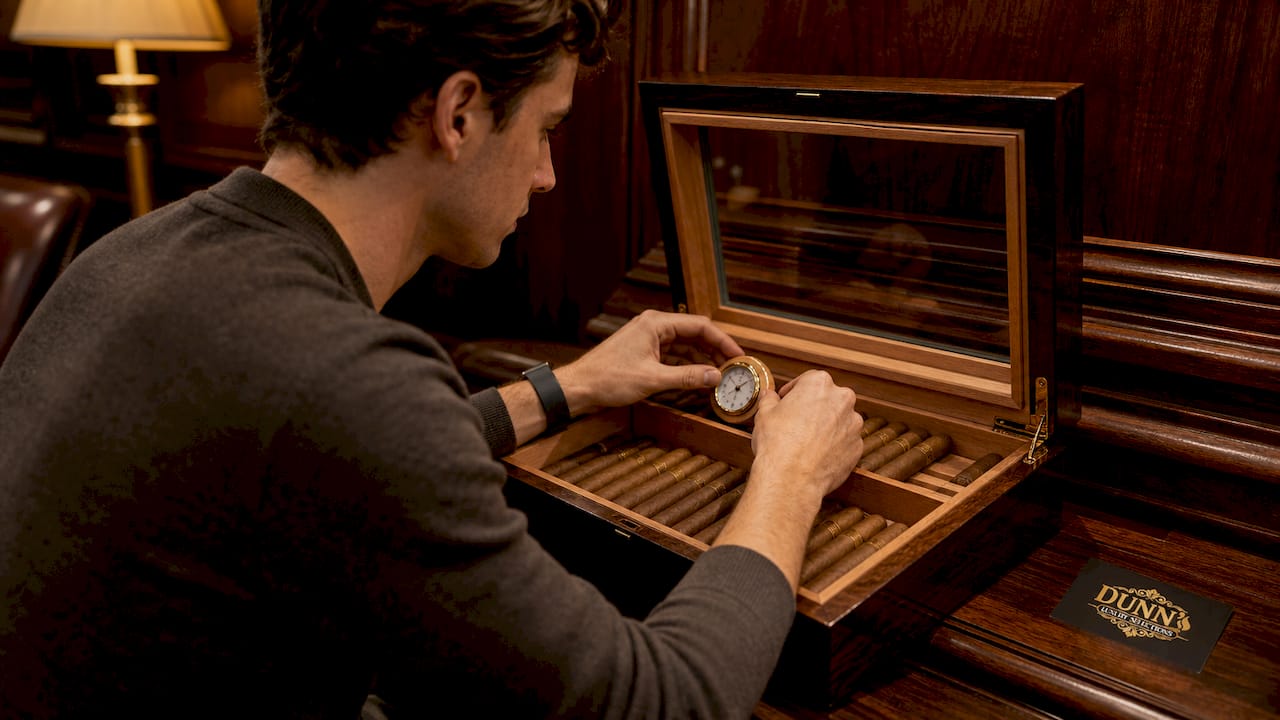 Hands placing hygrometer inside cigar humidor