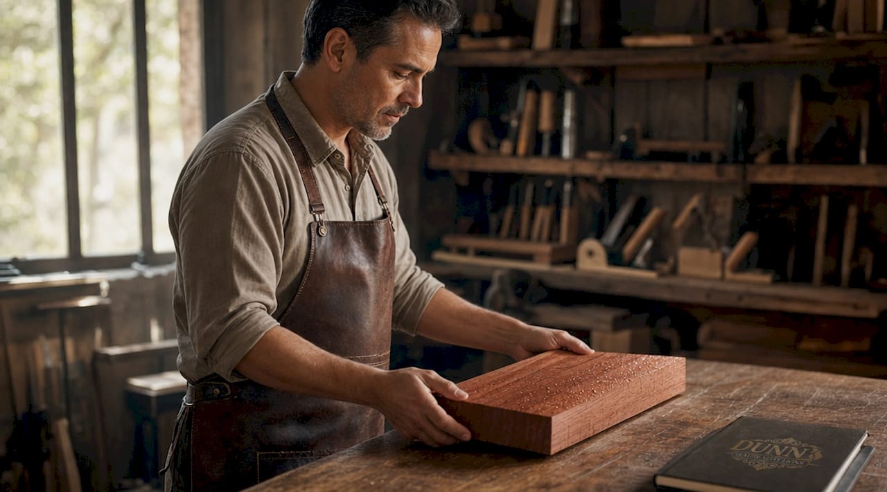 Hand holding Spanish cedar wood slab with moisture