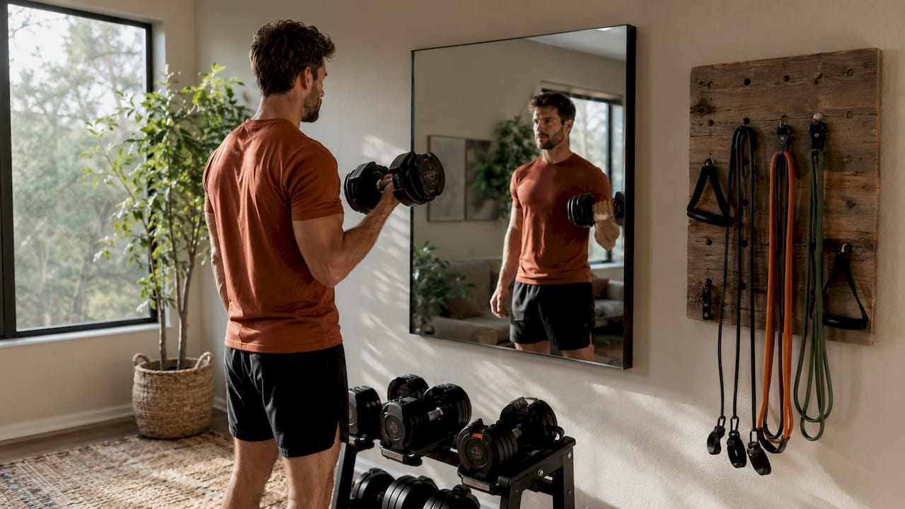 Man lifting dumbbells in compact minimalist gym