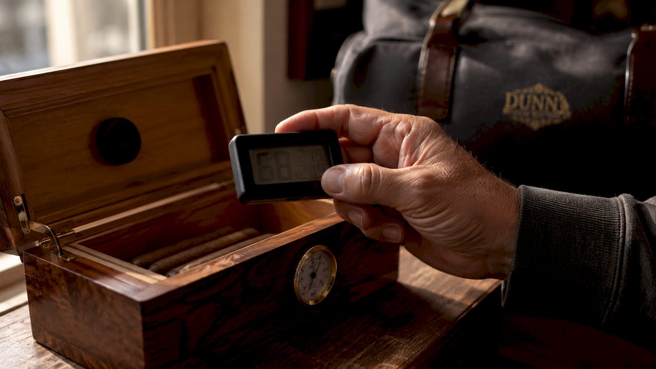 Close-up of hand holding digital hygrometer