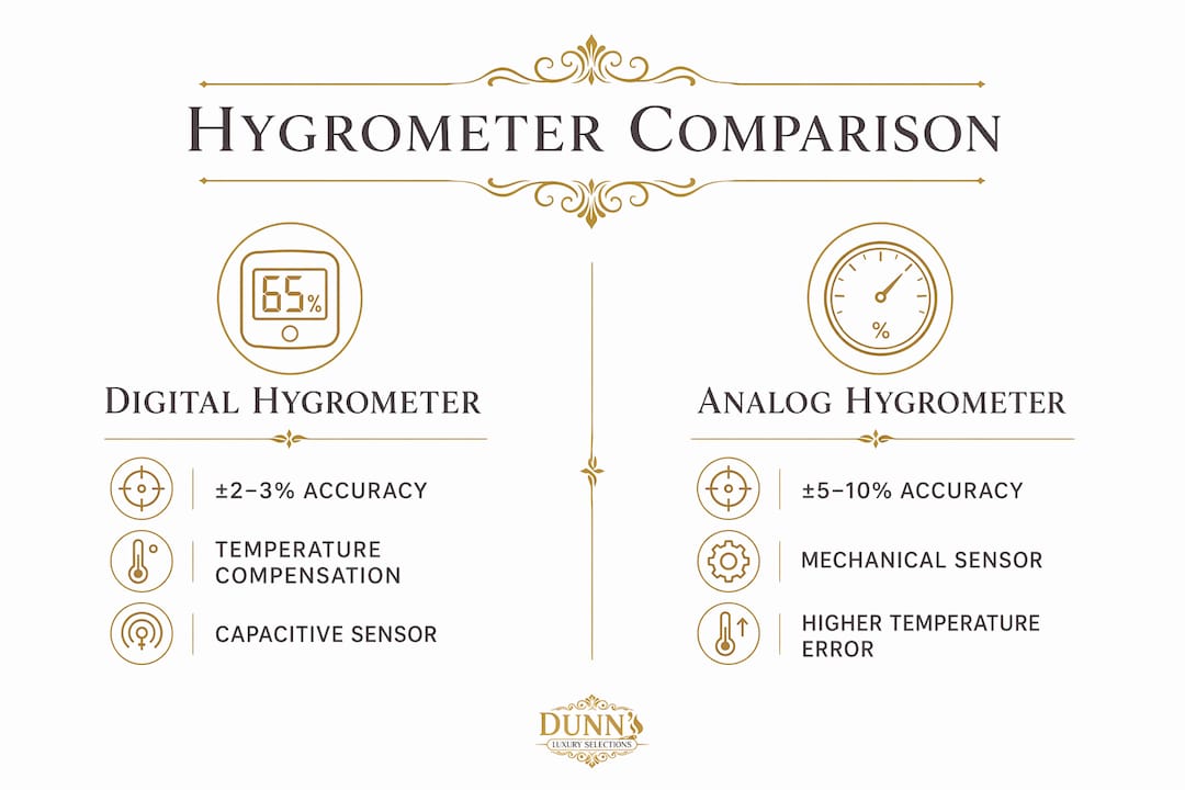 Infographic comparing digital and analog hygrometers