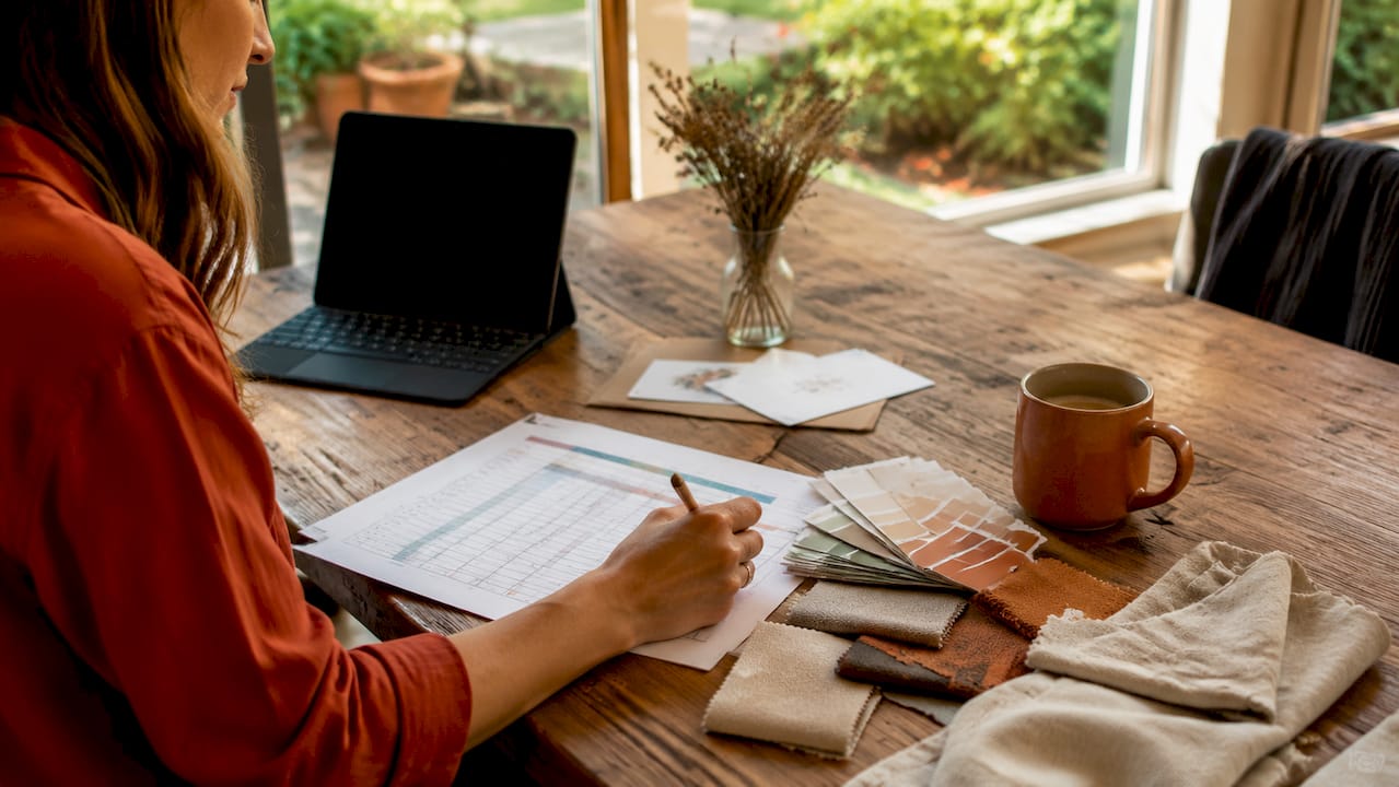 Budget planning with furniture swatches and calculator