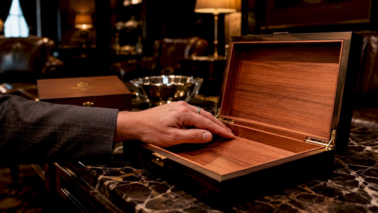 Hand touching authentic Spanish cedar humidor lining