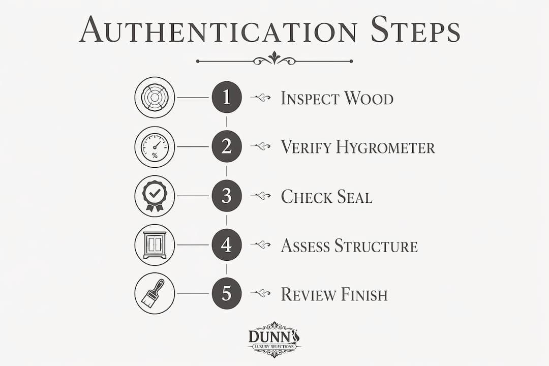 Infographic showing steps to authenticate humidors