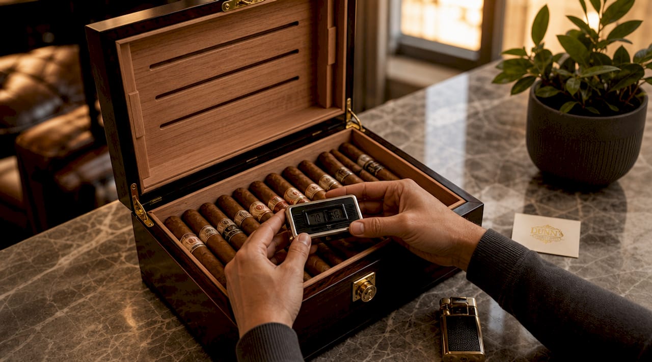 Hands checking digital hygrometer in humidor
