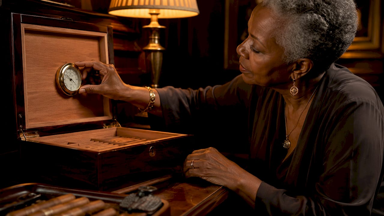 Hands adjusting hygrometer inside open cigar humidor