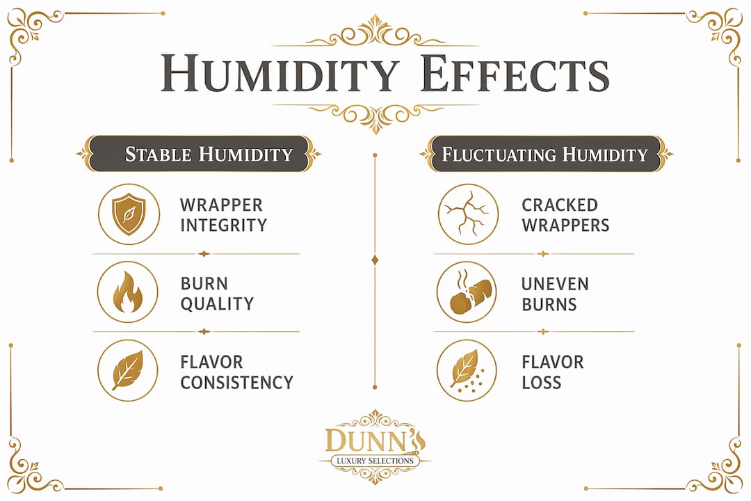 Infographic comparing effects of stable vs fluctuating humidity on cigars