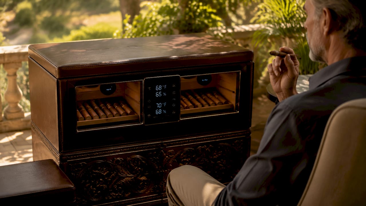 Dual-zone humidor climate control panel close-up