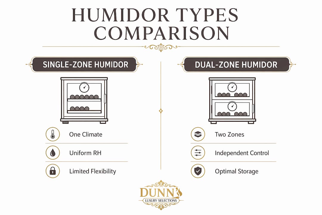 Comparison infographic of single-zone vs dual-zone humidors