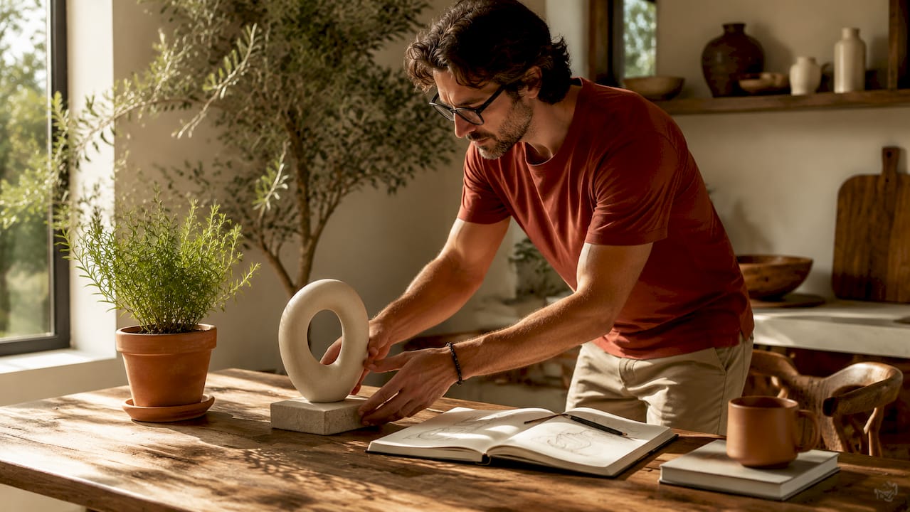 Hands placing decor object emphasizing negative space