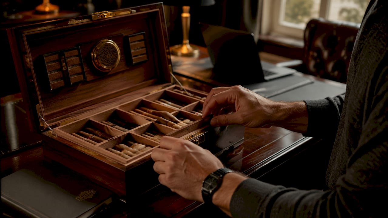 Hands inserting hygrometer into humidor