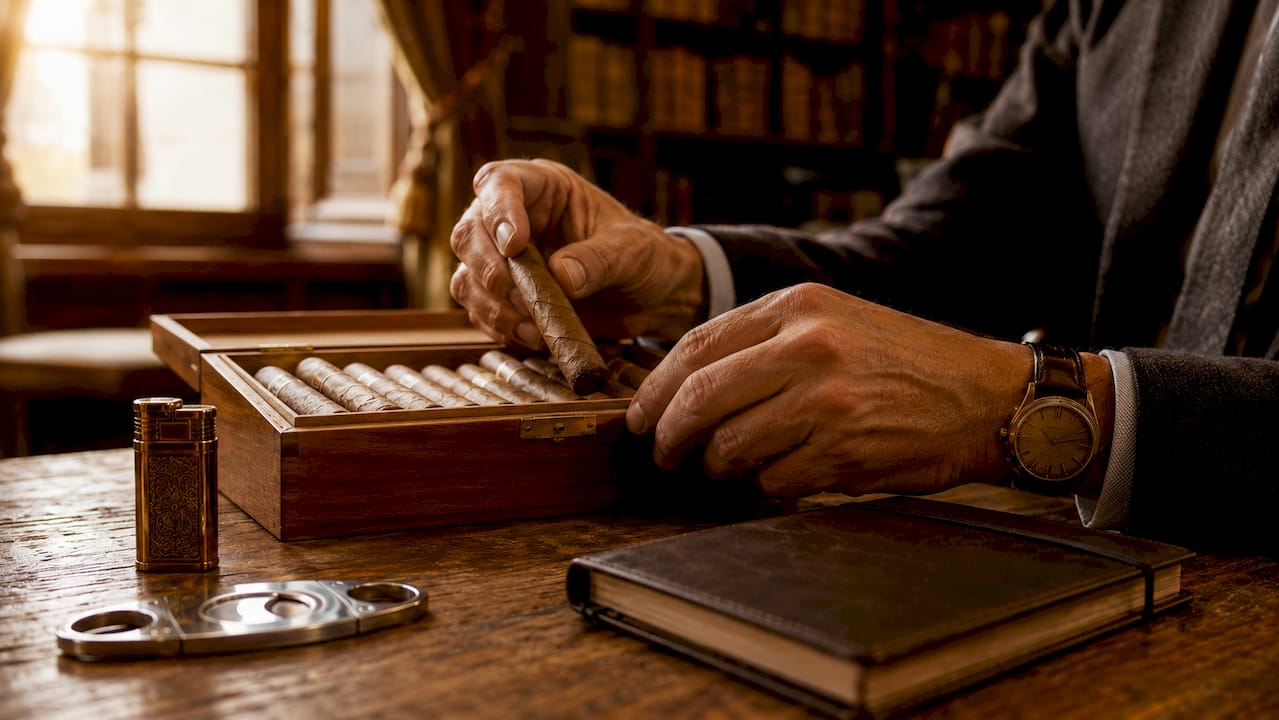 Hands inspecting cigars in wooden box