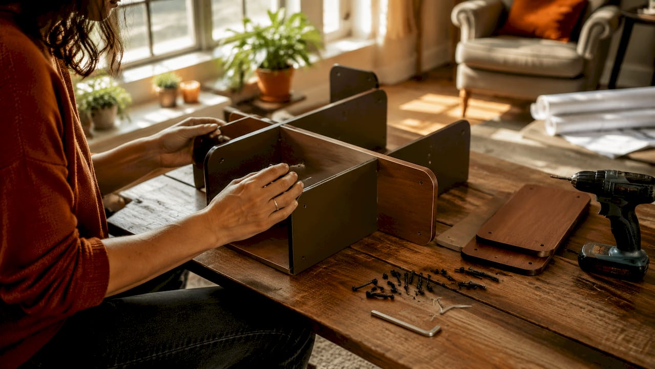 Hands assembling modular shelving in home office