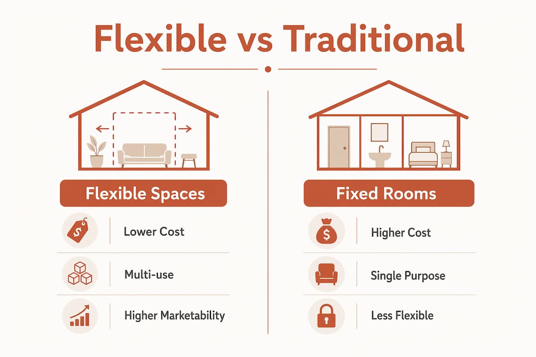 Comparison infographic of flexible and traditional living spaces