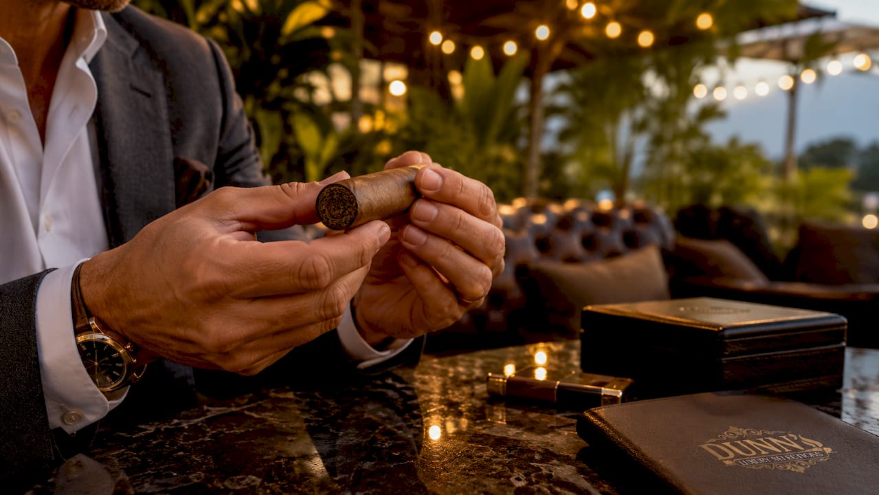 Hands inspecting handmade cigar foot