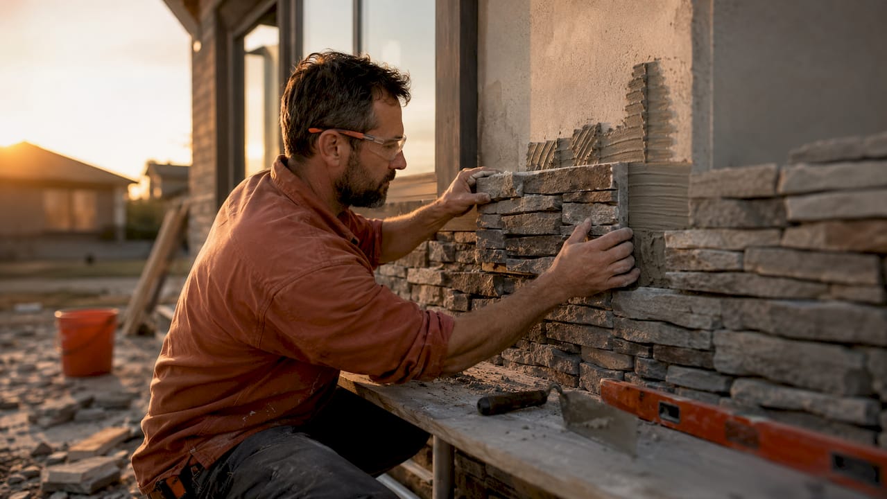 Contractor installing stone veneer on home exterior