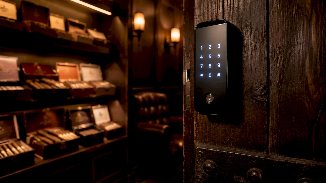 Close-up of digital smart lock on humidor door