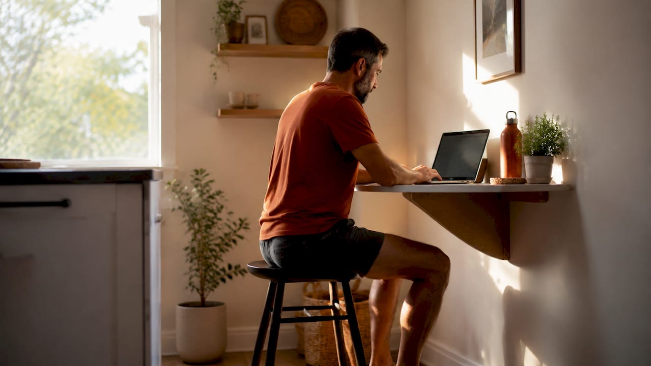 Man working at fold-down multifunctional desk