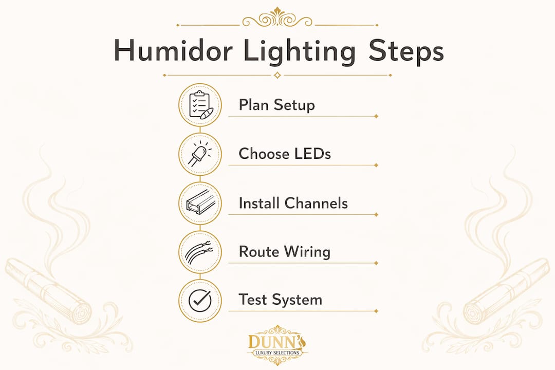 Infographic showing five steps for humidor lighting installation