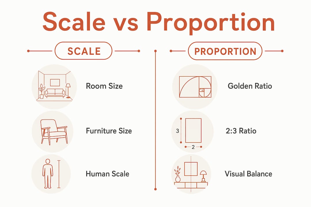 Infographic comparing furniture scale and proportion concepts