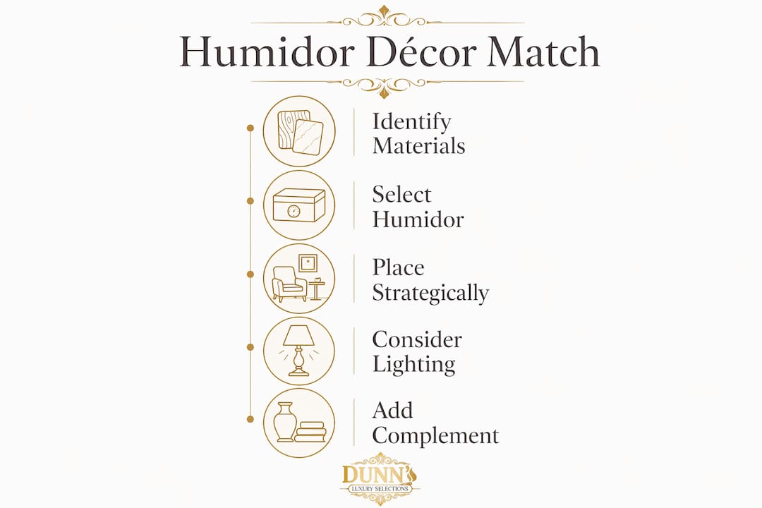 Infographic showing five steps to match humidors with room decor