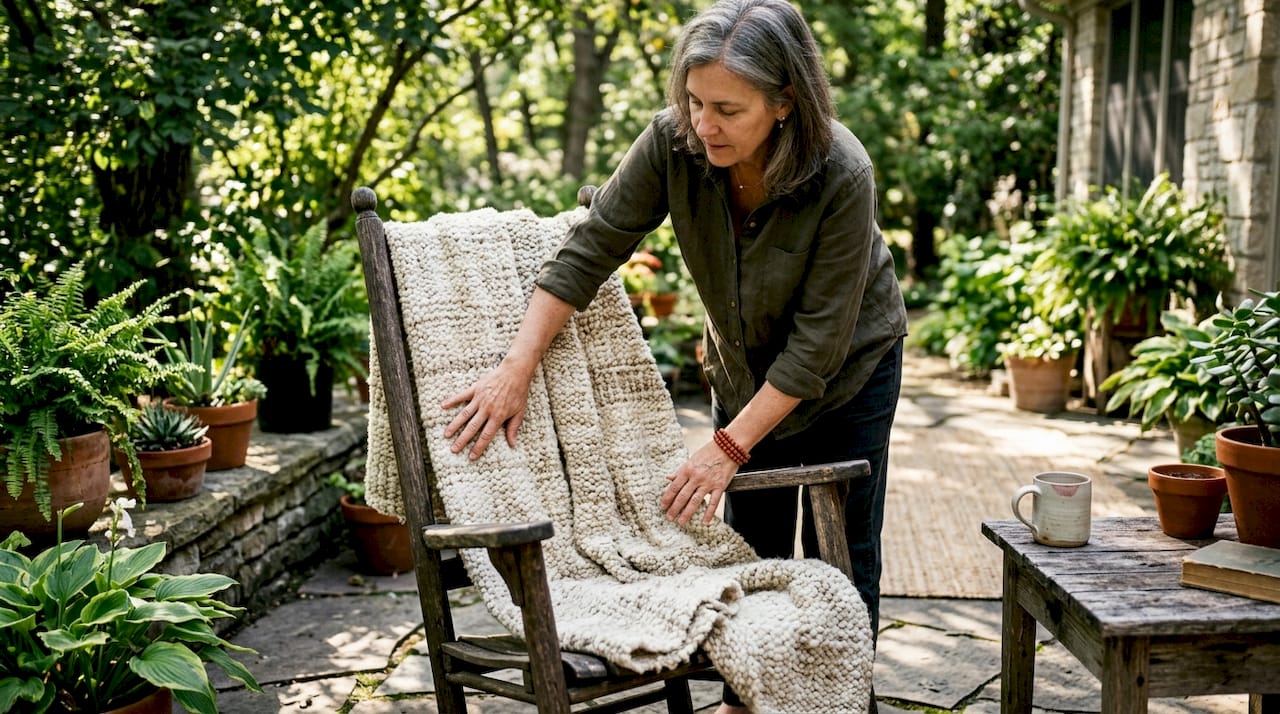 Hands smoothing wool throw on armchair in calm nook