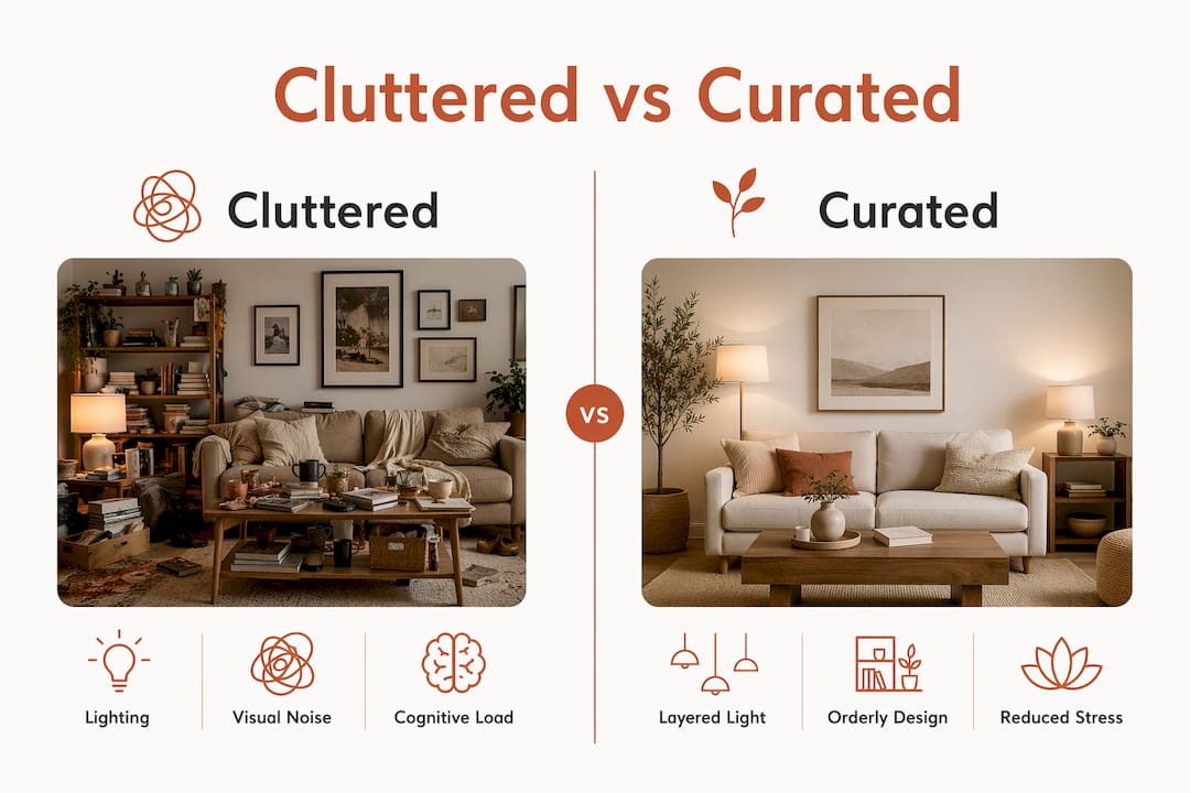 Infographic contrasting cluttered and curated living spaces with key design elements