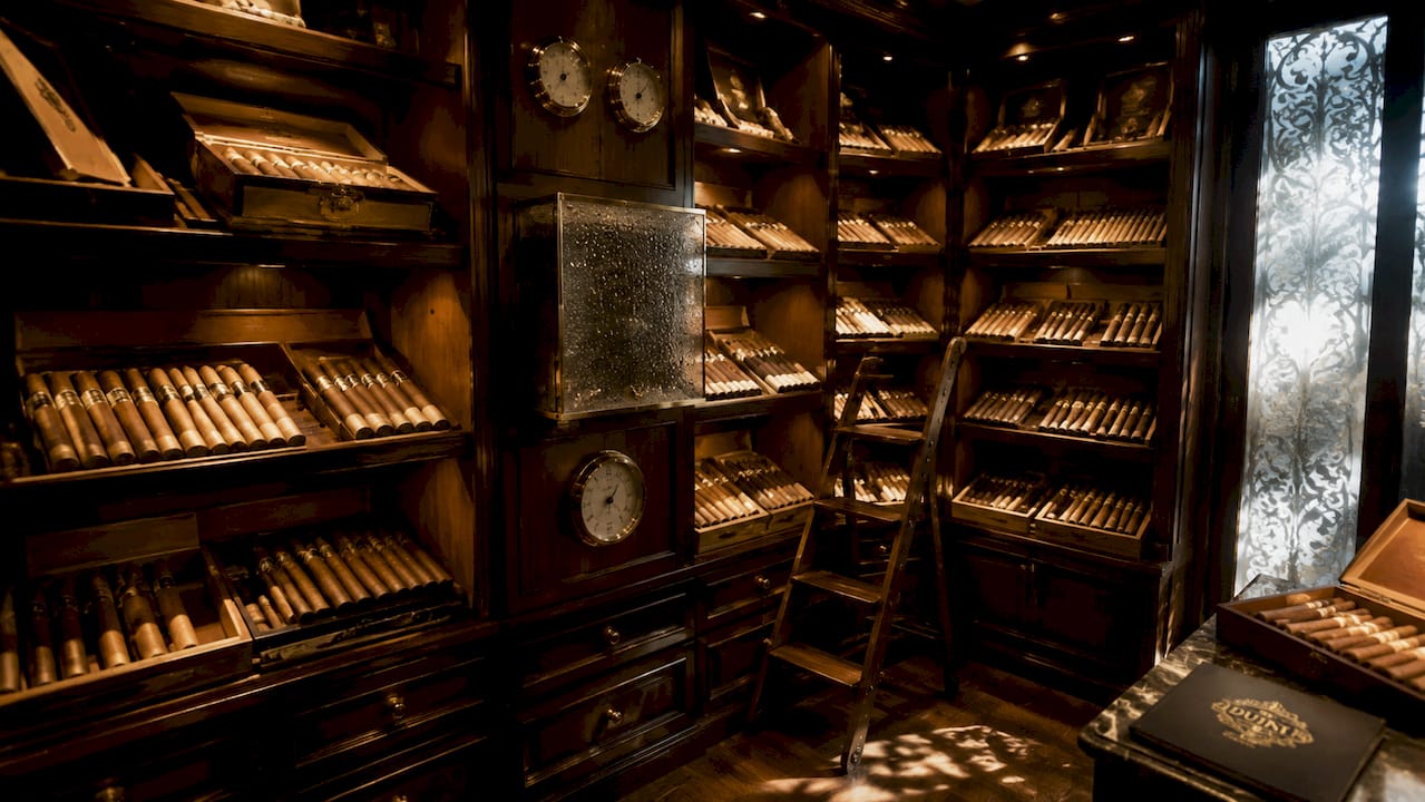 Walk-in humidor with organized premium cigars