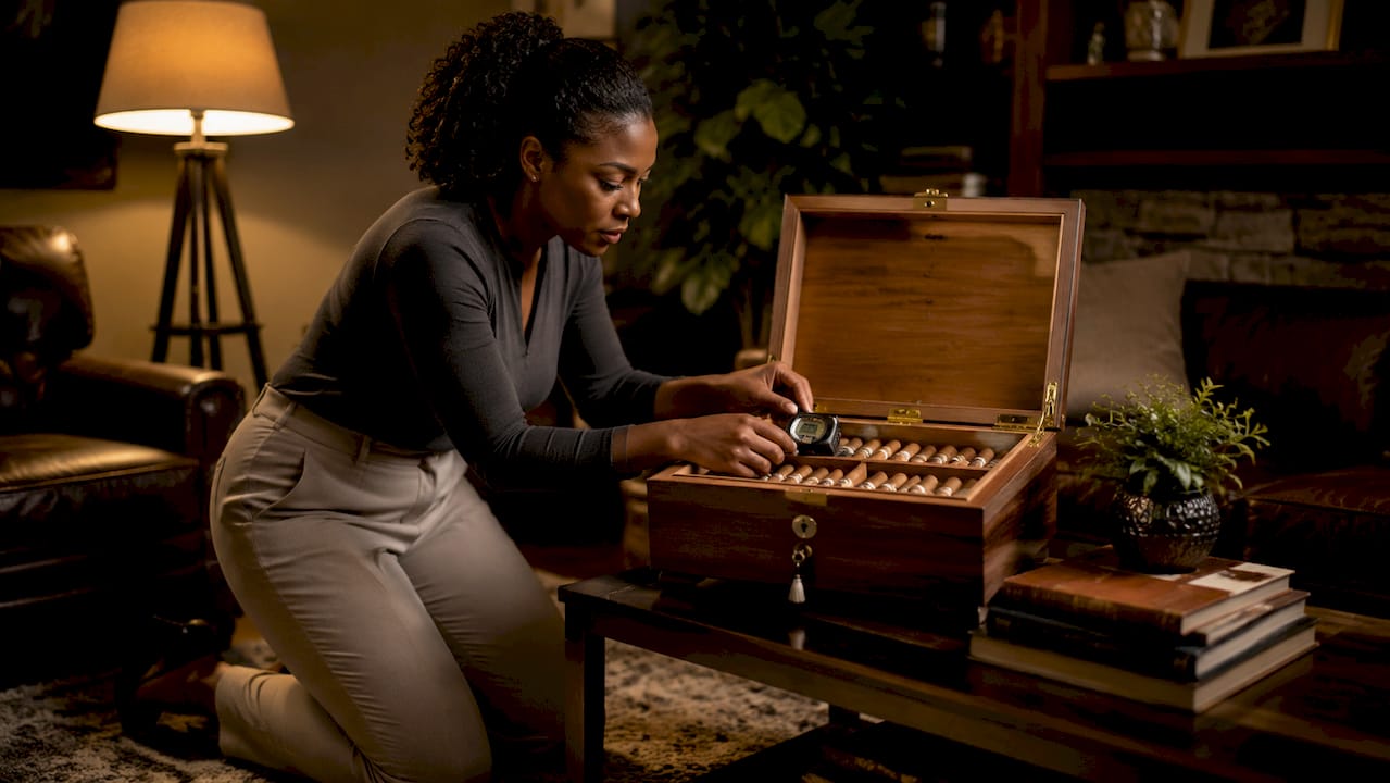 Hands adjusting hygrometer inside humidor