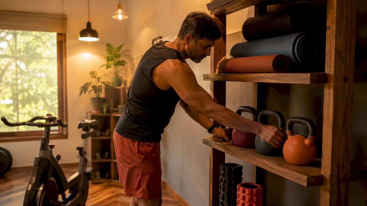 Man arranging dumbbells on metal gym shelving