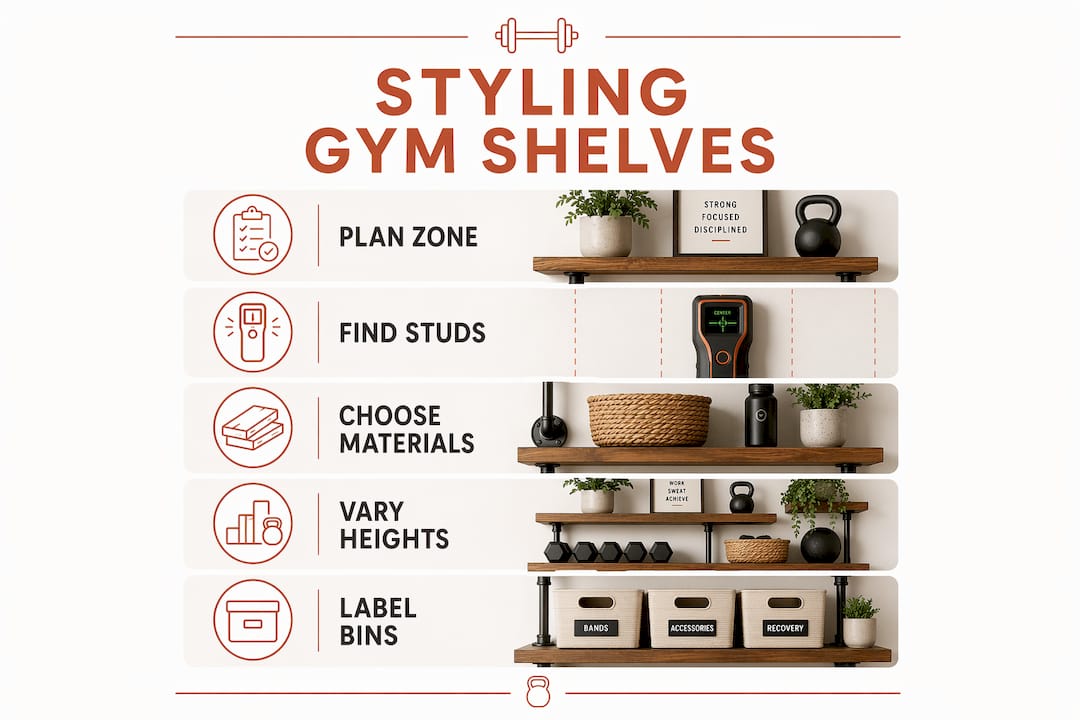 Infographic illustrating five key steps to style gym shelves
