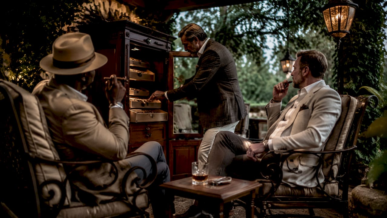 Men selecting cigars from shared humidor in lounge