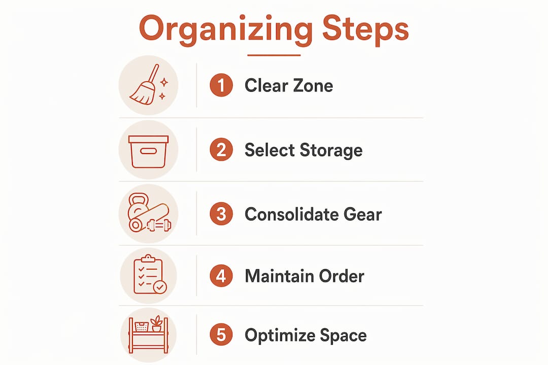 Infographic with five-step flow for gym equipment organization