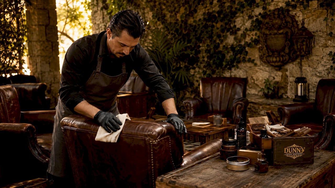 Hands polishing leather chair in smoking room