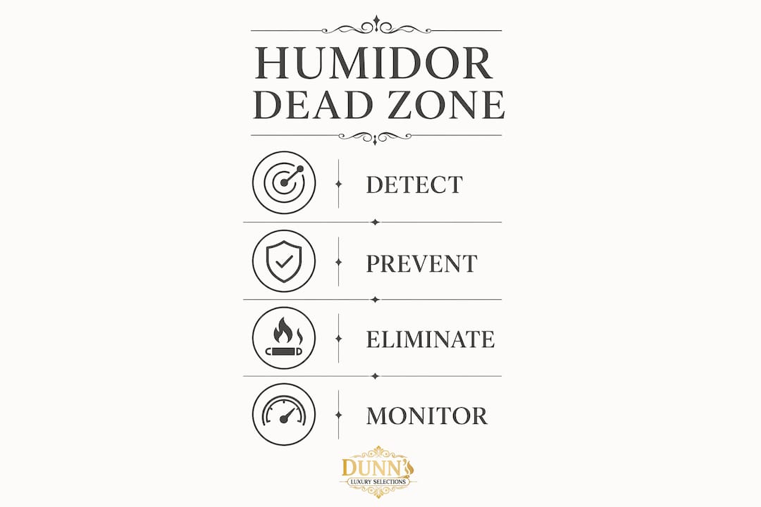 Infographic showing steps to detect and fix humidor dead zones