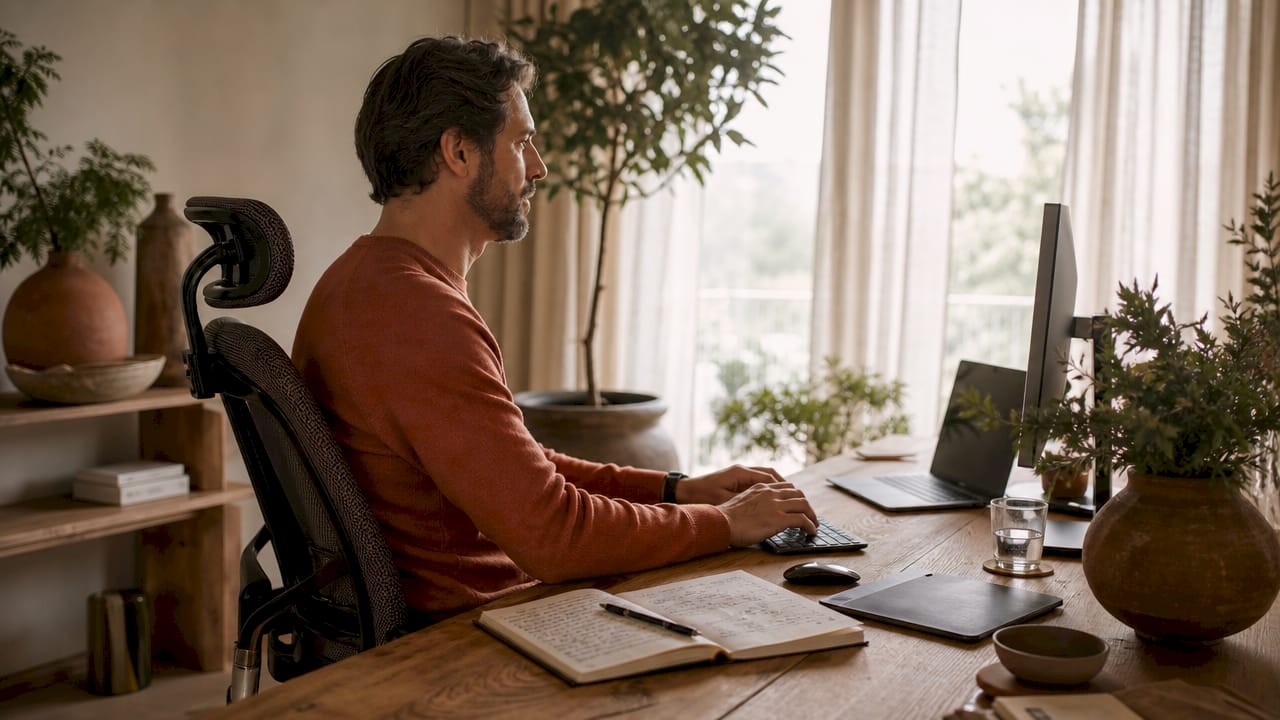 Man working ergonomically at height-adjusted desk