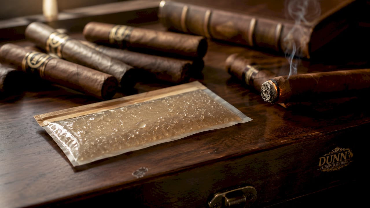 Close-up of Boveda pack on humidor shelf