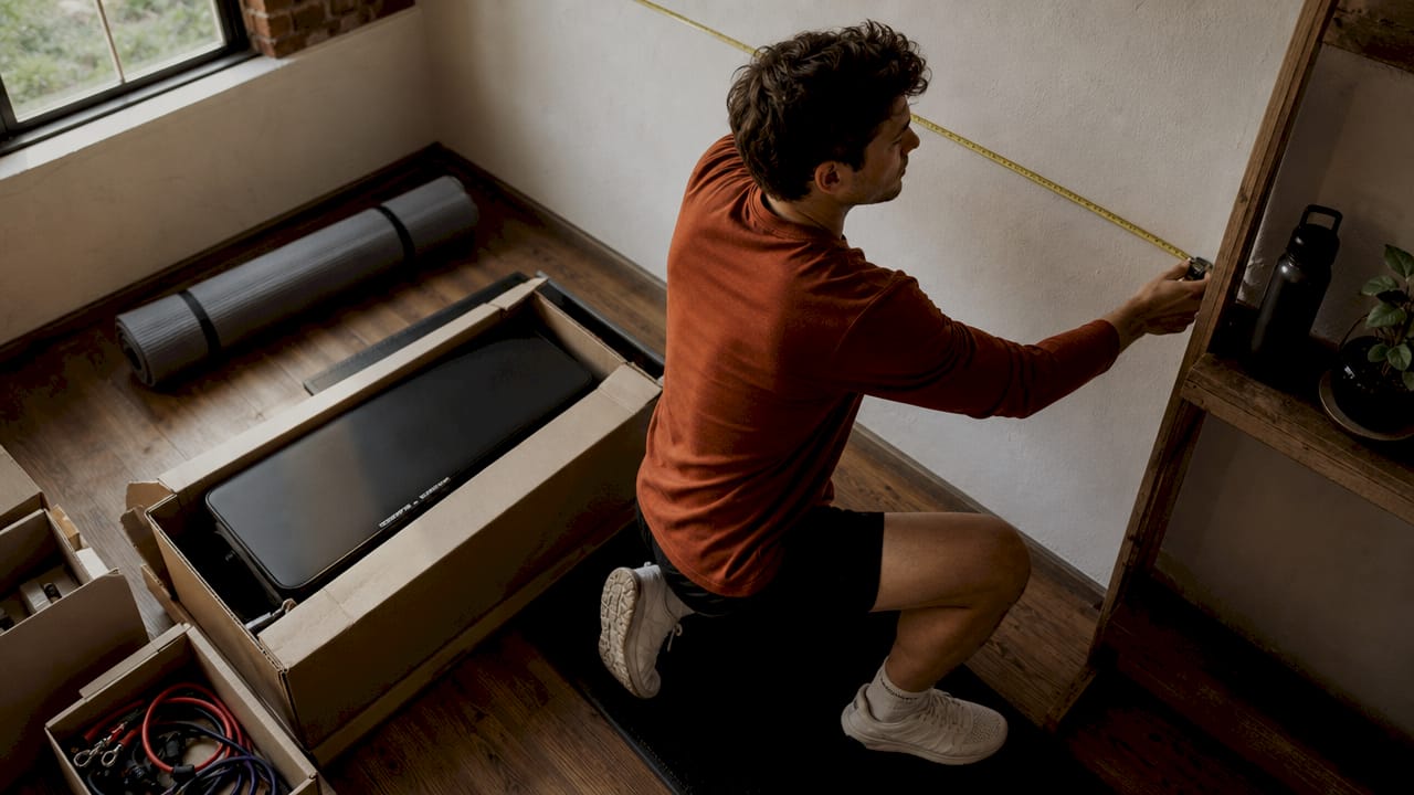Man measuring space for gym equipment in living room