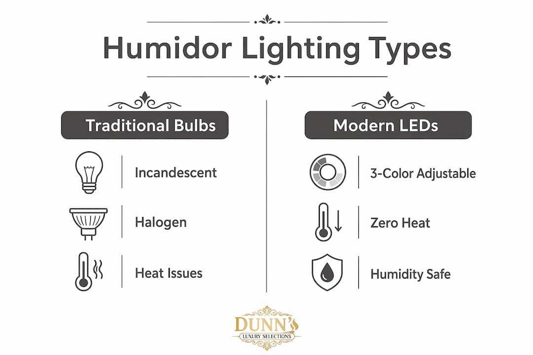 Infographic comparing traditional and LED humidor lighting