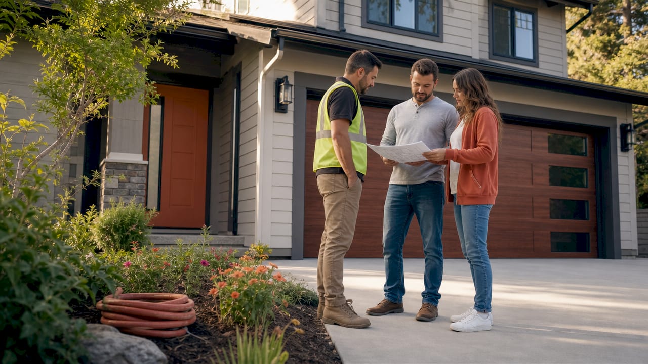 Curb appeal upgrades with couple and contractor