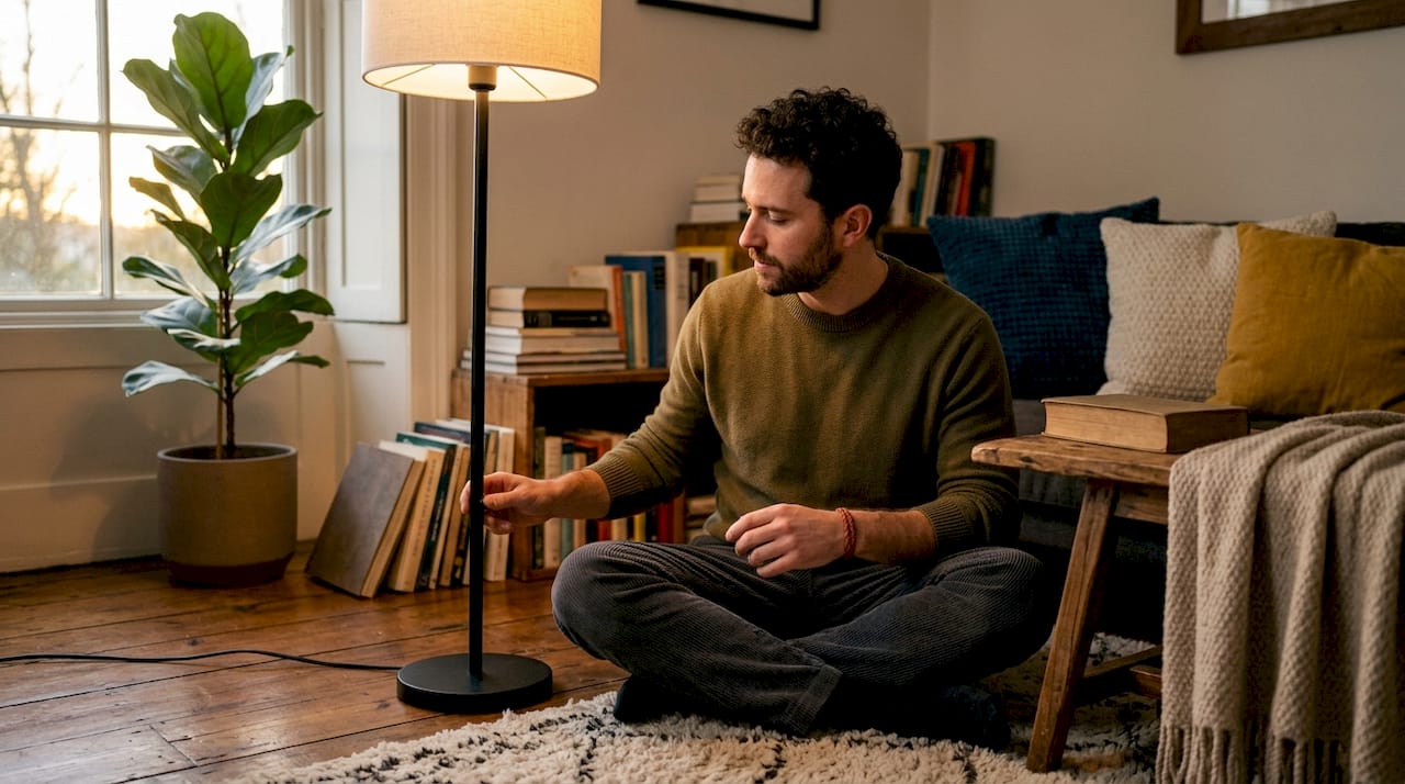 Man adjusting warm ambient light dimmer switch