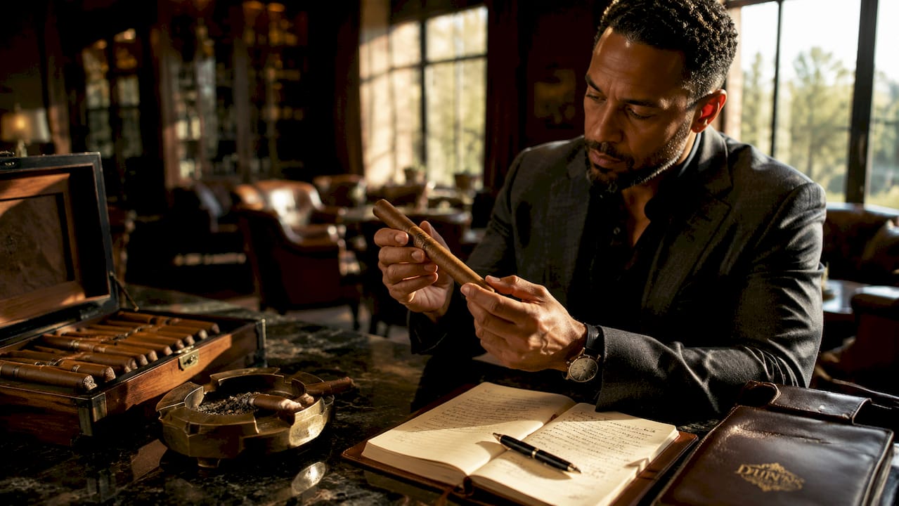 Hands inspecting premium artisanal cigar