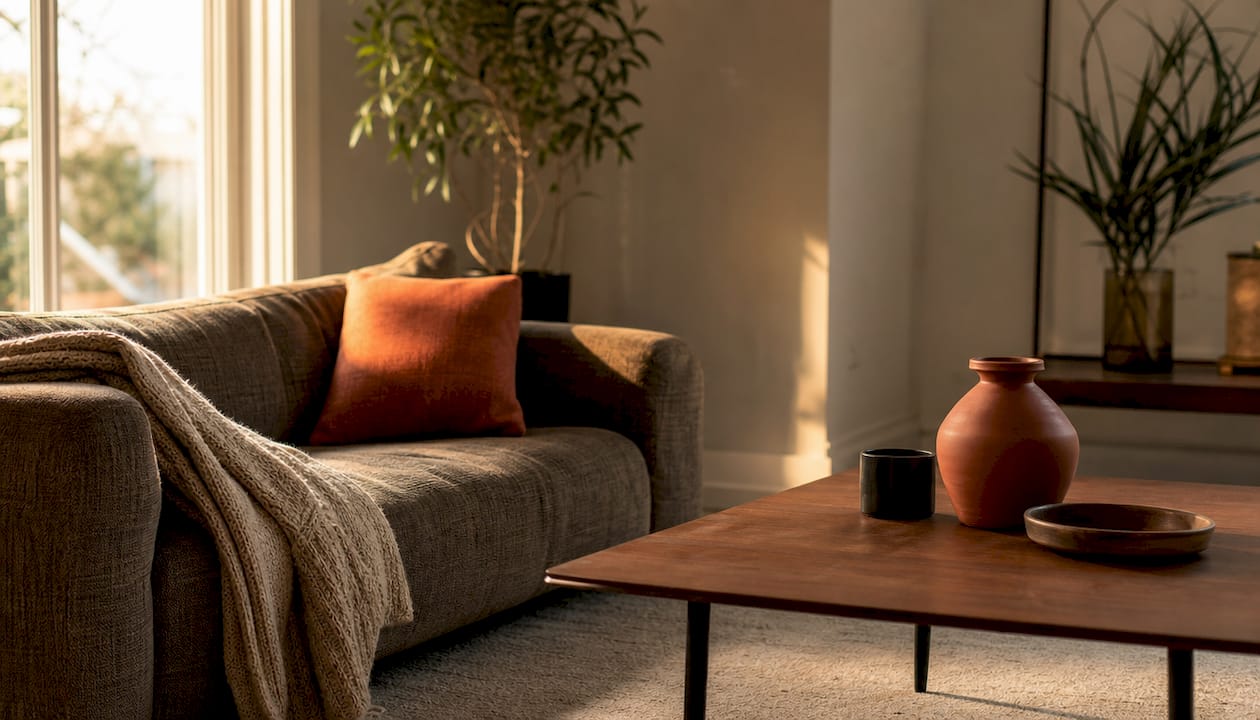 Chunky sofa and leggy table contrast